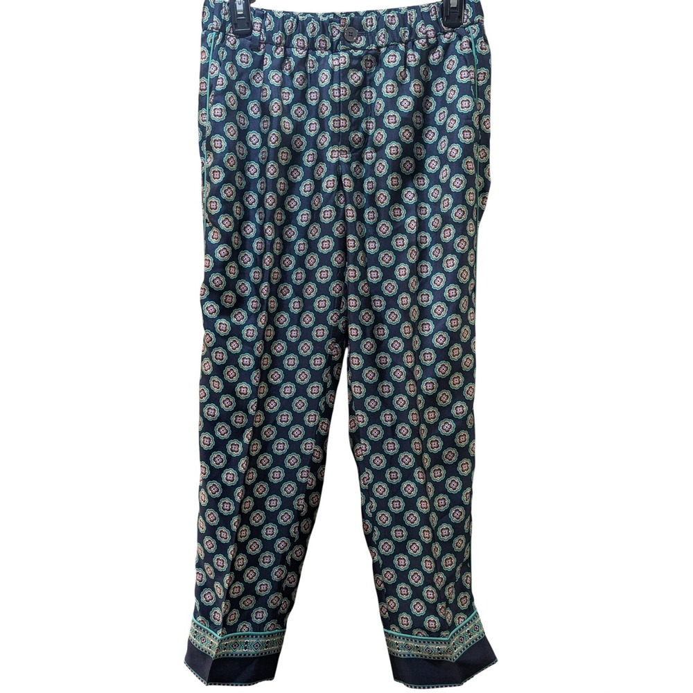 J.Crew Cropped 100% Silk Foulard Blue Geometric Pants Size‎ 4 Elevated Luxury